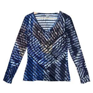 Y2K Alberto Makali Top S‎ Rhinestone Striped Floral Feather Long Sleeve V Neck
